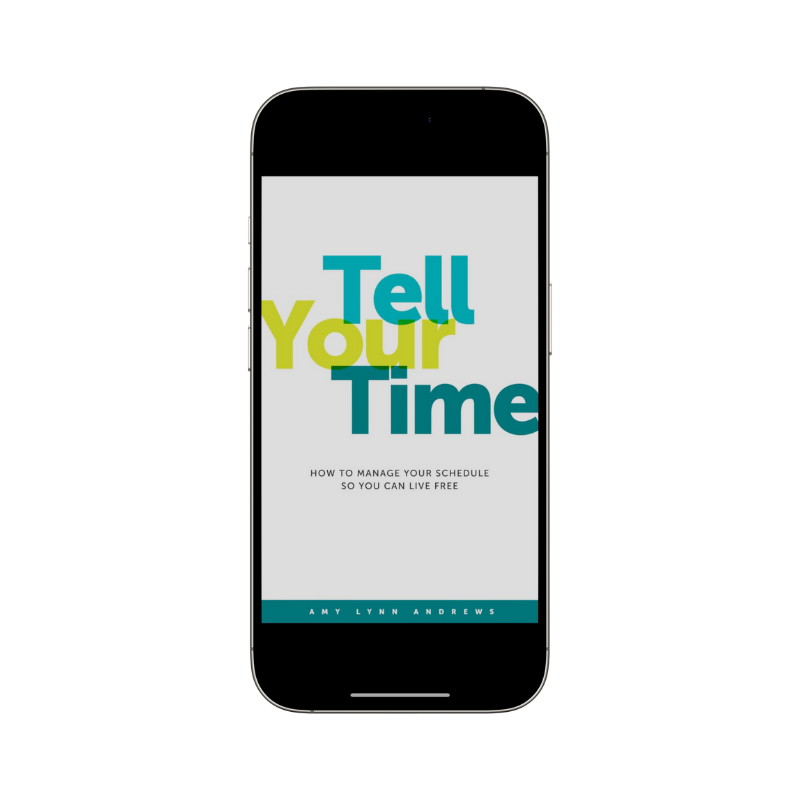 A picture of a cell phone with the screen image of the ebook "Tell Your Time"